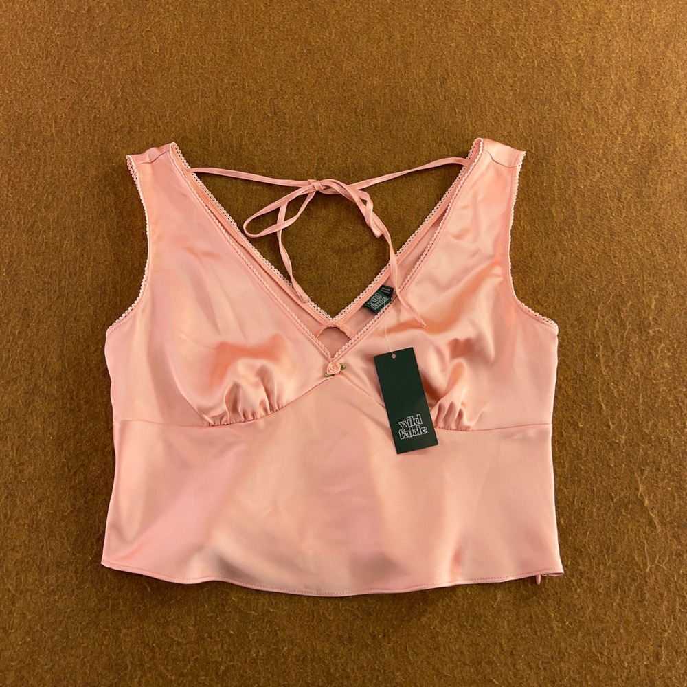 Wild Fable Womens Medium Pink Satin Lace Trim Tie Back Cropped Cami Tank Top NWT